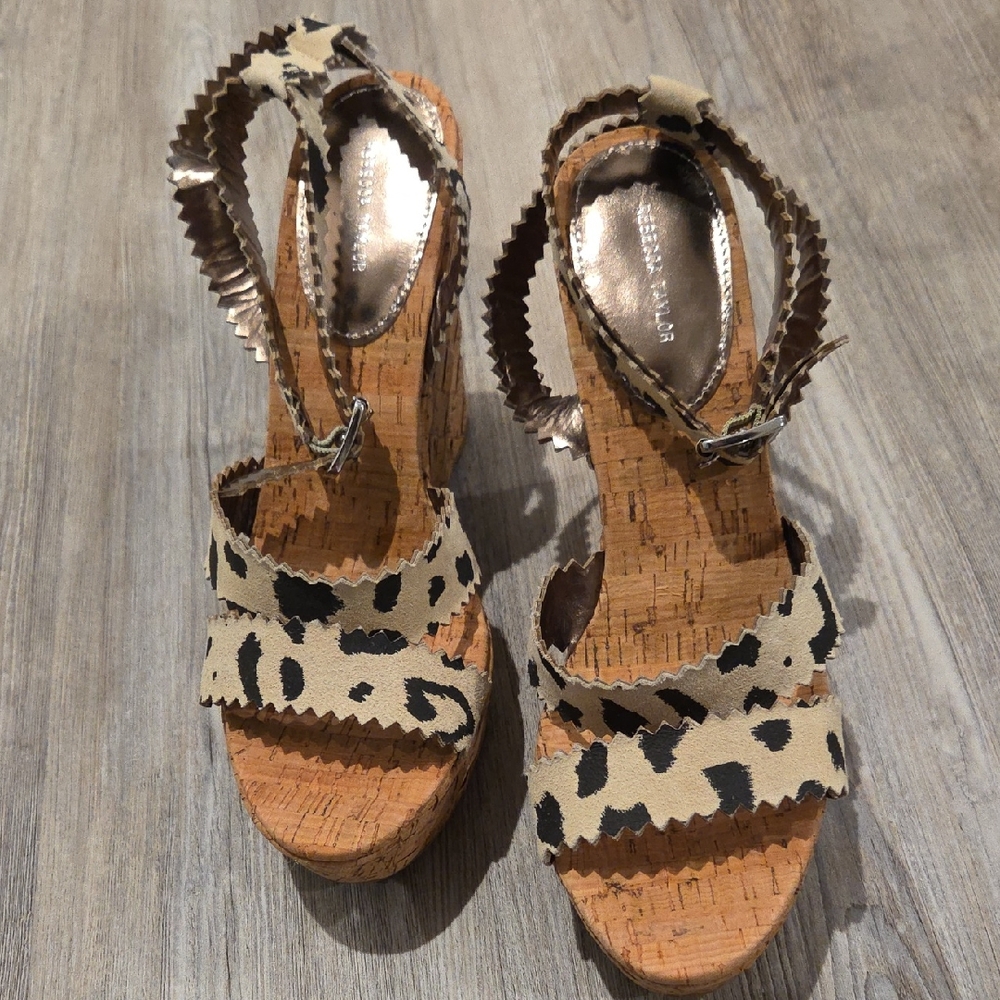 Rebecca Taylor Tan and Black Wedge Sandals